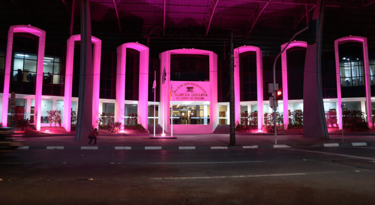 Assembleia Legislativa de Roraima com iluminação alusiva à campanha Outubro Rosa, de combate ao câncer de mama (Foto:  SupCom ALE-RR)
