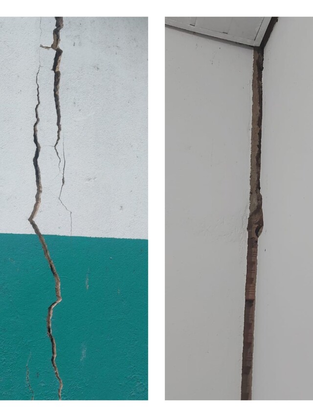 Fotos enviadas por uma moradora mostram detalhes das rachaduras no prédio da UBS da Vila Tepequém