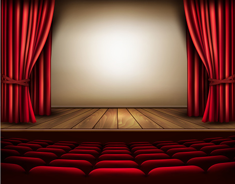 A theater stage with a red curtain, seats. Vector.