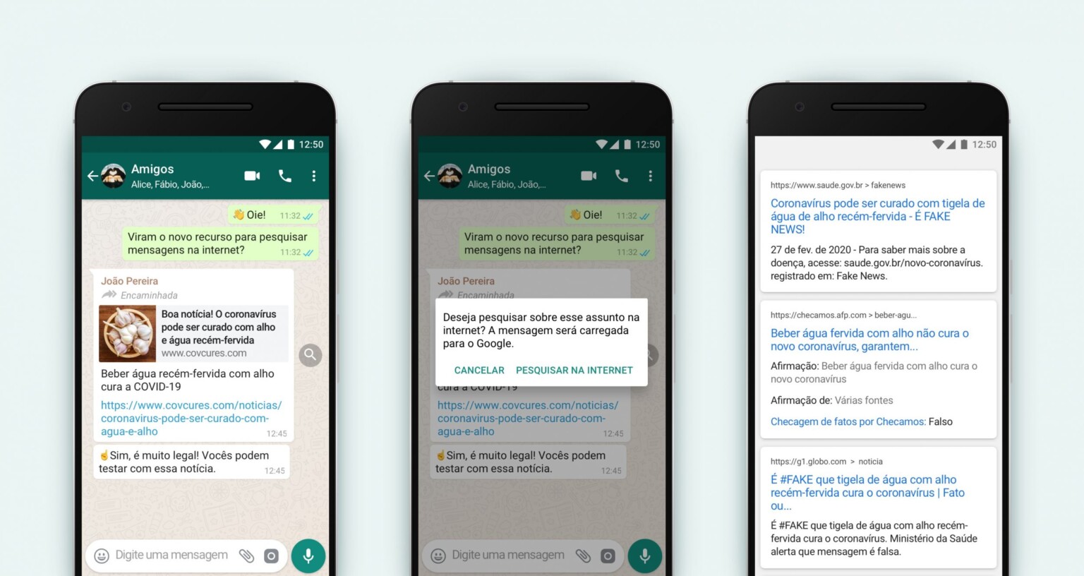 Nova ferramenta permite a checagem de mensagens diretamente no app, integrado ao Google - Divulgação WhatsApp Nova ferramenta permite a checagem de mensagens diretamente no app, integrado ao Google - Divulgação WhatsApp