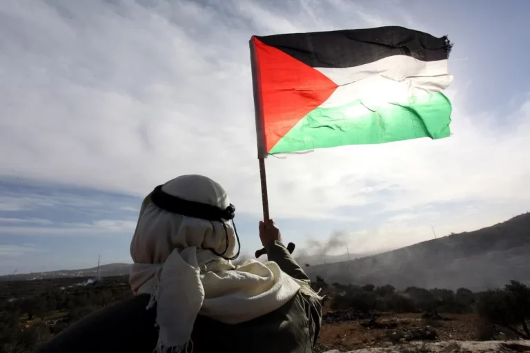 Um palestino agita a bandeira palestina durante um protesto na Cisjordânia, em 10 de dezembro de 2021 [Nedal Eshtayah/Agência Anadolu]