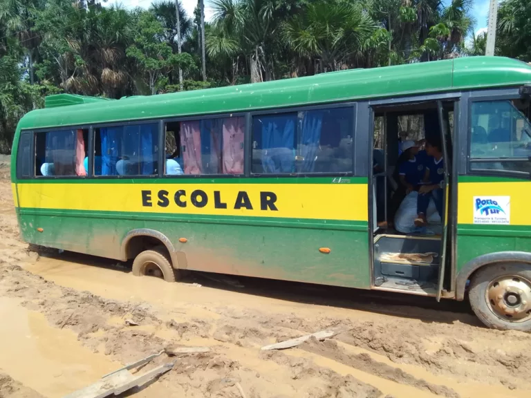 Ônibus carregava cerca de 28 alunos da rede estadual de ensino no momento em atolou na vicinal (Foto; Reprodução)