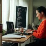 mulher programando de casa computação