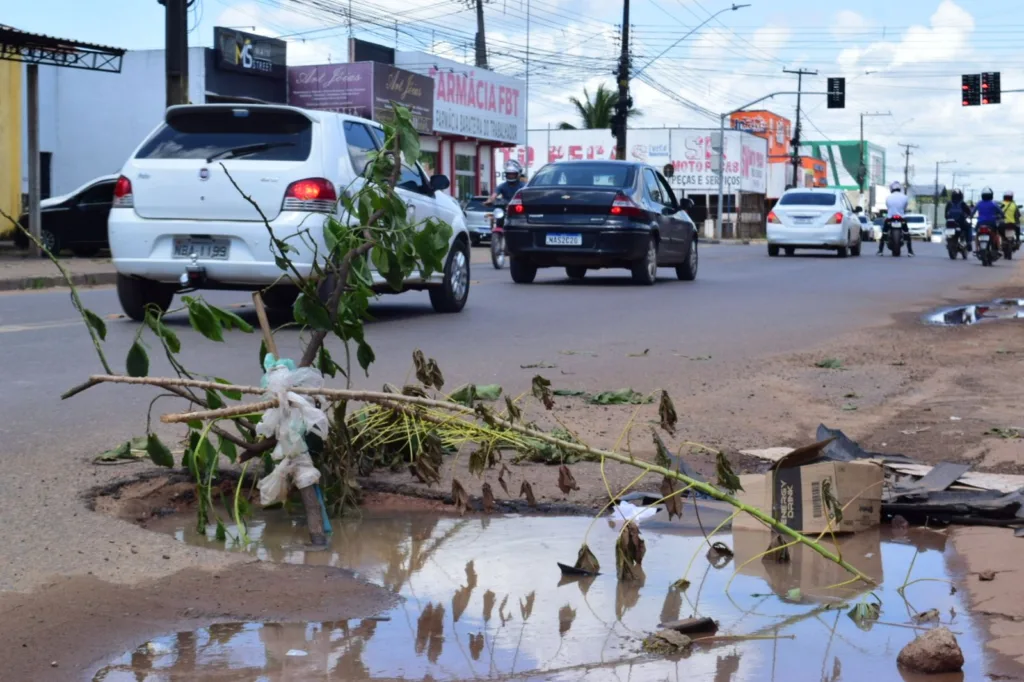 População colocou um galho de árvore para evitar acidentes no local (Foto: Nilzete Franco/FolhaBV)