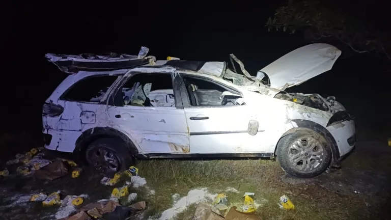 Estado do carro após capotamento na BR-174 (Foto: PRF)