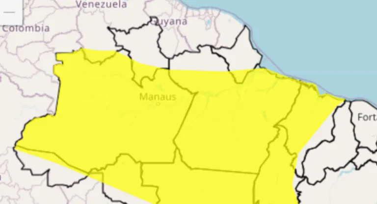 A previsão é de chuvas e ventos intensos, em maior parte, em área de reservas ambientais ou indígenas. (Imagem: reprodução/Inmet)