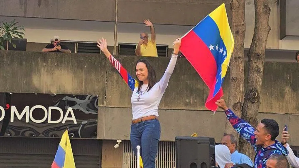 A líder opositora venezuelana María Corina Machado em primeiro ato público após sair da clandestinidade (Foto: Divulgação)