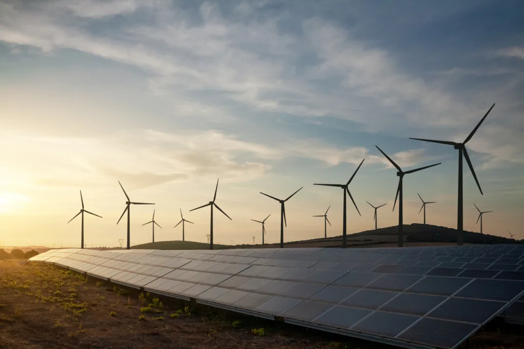 Energia heólica e painéis solares limpa