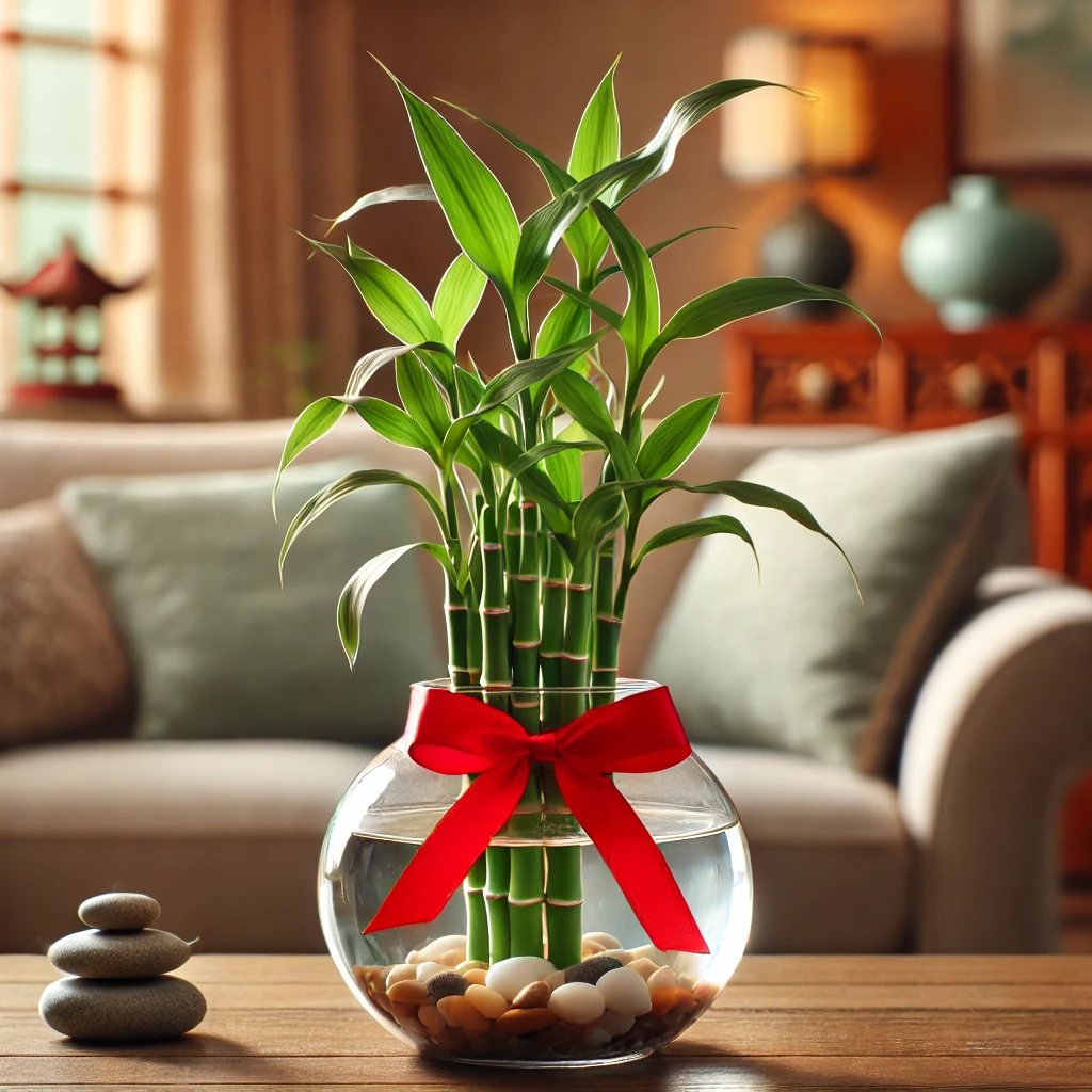 bambu da sorte em um vaso decorativo com um laço vermelho em um ambiente acolhedor (1)