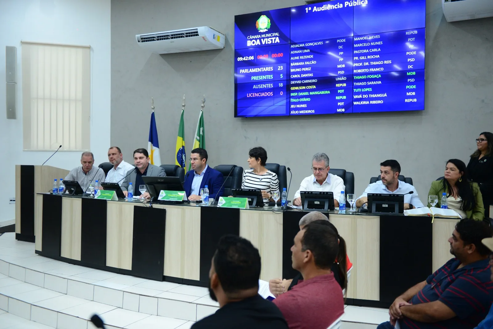 A mesa diretiva da audiência pública, presidida pelo presidente da Câmara, vereador Genilson Costa (Foto: Reynesson Damasceno/Folha BV)