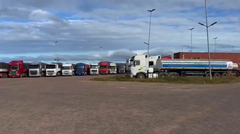 Caminhões parados por causa da greve dos auditores fiscais da Receita Federal em Pacaraima (Foto: Reprodução)