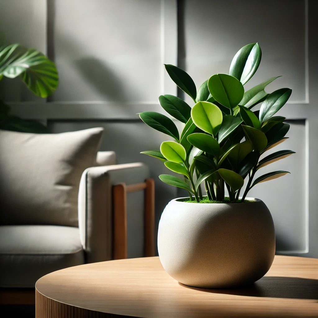 Zamioculcas em vaso sorbre a mesa, em um ambiente iluminado e aconchegante (2)