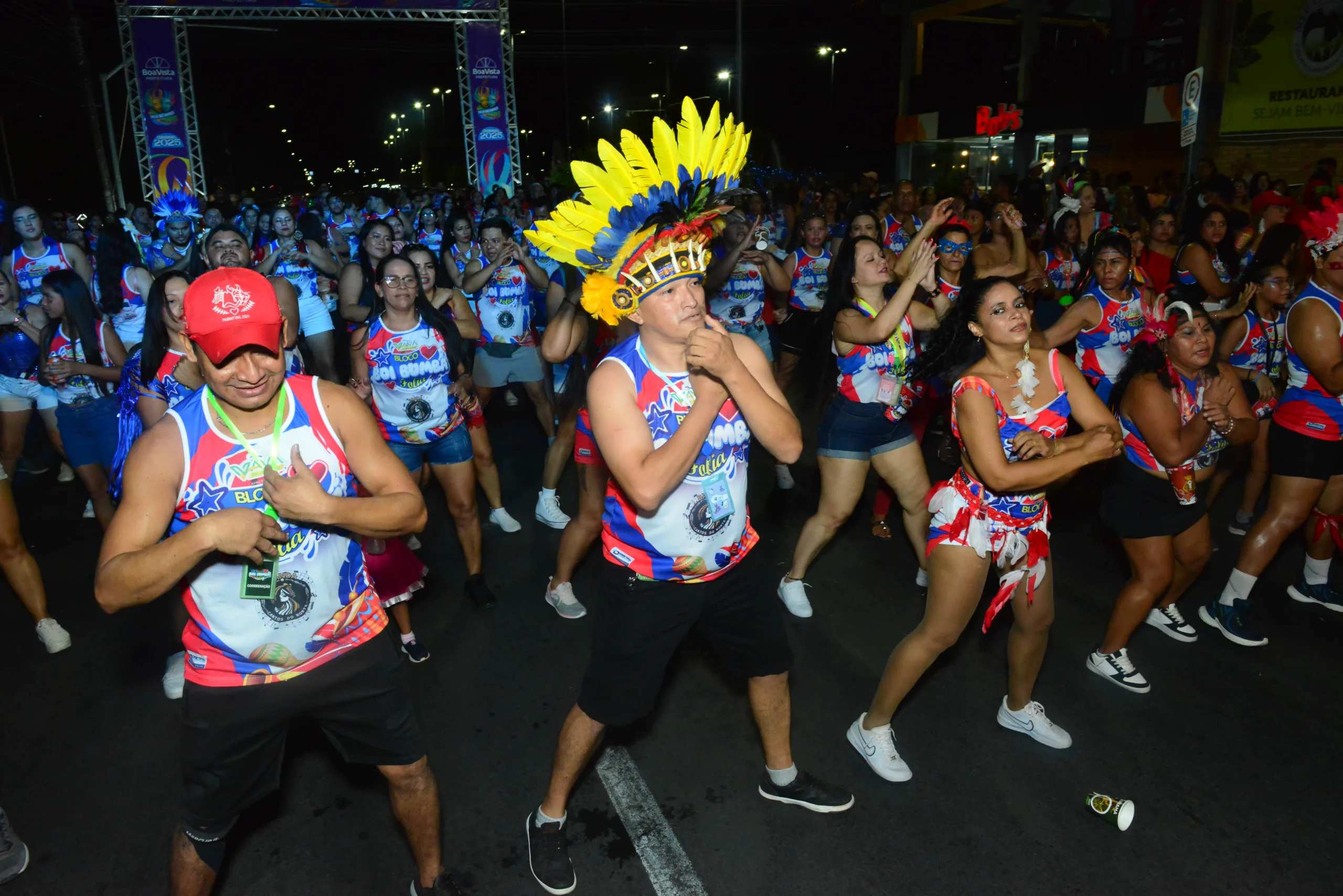 Com cocar na cabeça, brincos, colares de penas e adereços de braços, os foliões fizeram a festa (Foto: Nilzete Franco/FolhaBV) 