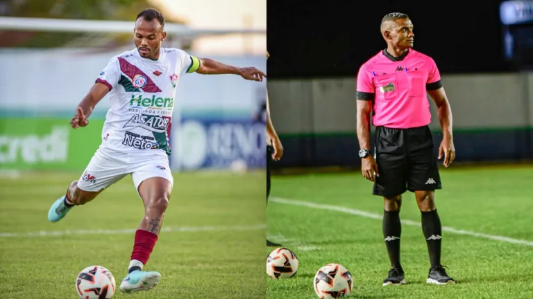 O jogador Lucas Camilo e o árbitro Daniel Alejandro (Fotos: Hélio Garcias/BV Esportes)