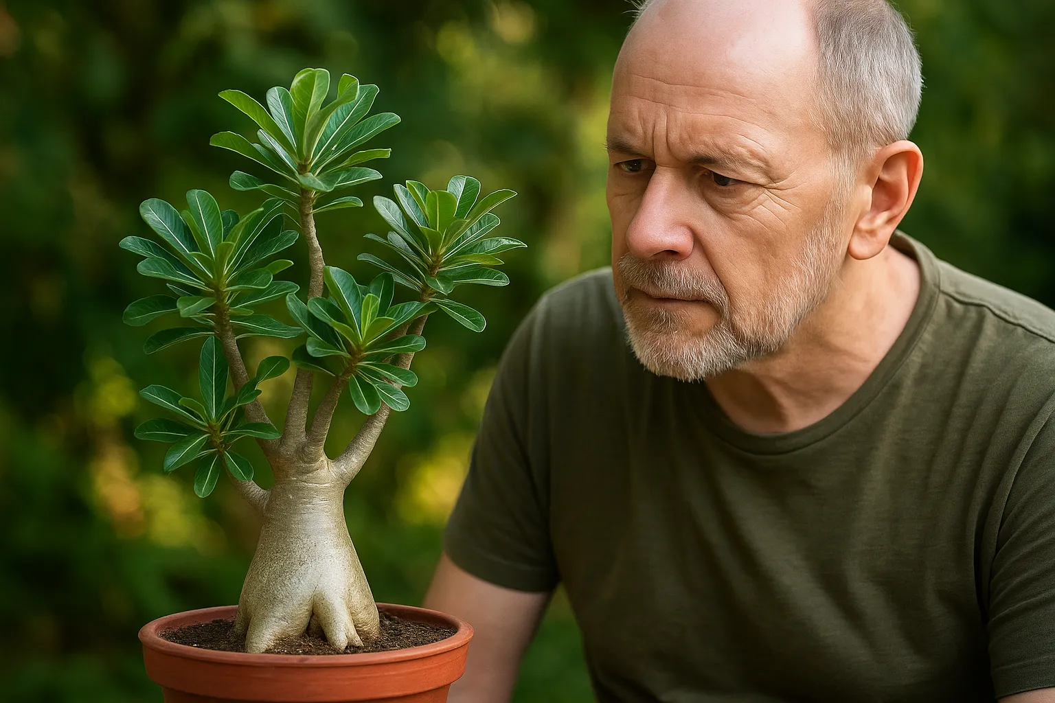 Rosa-do-deserto com caule grosso, mas sem flores veja o que está faltando