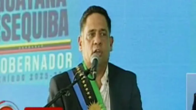 Neil Villamizar, eleito governador de Essequibo em eleição proibida na ONU, faz discurso de posse na Venezuela
