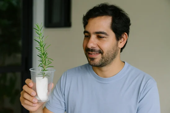 3 etapas para fazer muda de alecrim com papel toalha e copo descartável