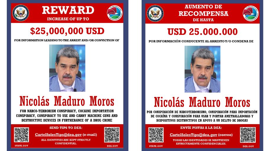 DEA, dos Estados Unidos, oferece 25 milhões de dólares por Nicolás Maduro