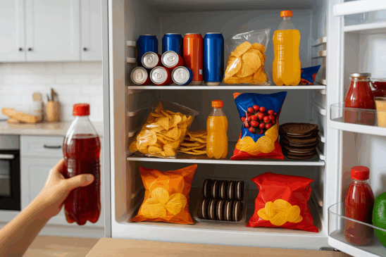 Refrigerantes e salgadinhos são alguns desses alimentos ultraprocessados (Foto: Reprodução)