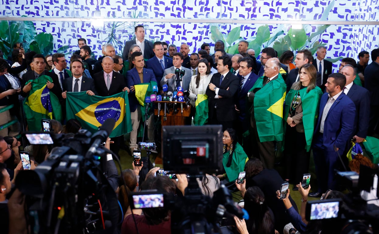 Coletiva de imprensa de aliados do ex-presidente Jair Bolsonaro na Câmara dos Deputados (Foto: Alan Santos/Câmara dos Deputados)