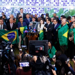 Coletiva de imprensa de aliados do ex-presidente Jair Bolsonaro na Câmara dos Deputados (Foto: Alan Santos/Câmara dos Deputados)