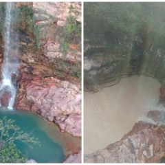 Cachoeira do Urucá, em Uiramutã, antes e depois (Fotos: Divulgação)