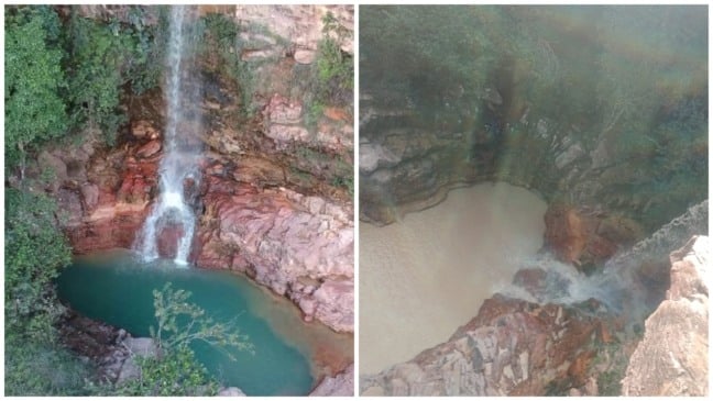 Cachoeira do Urucá, em Uiramutã, antes e depois (Fotos: Divulgação)