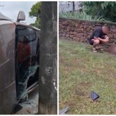 Carro HB capotado e vítima do acidente deitada ao chão (Fotos: Divulgação)