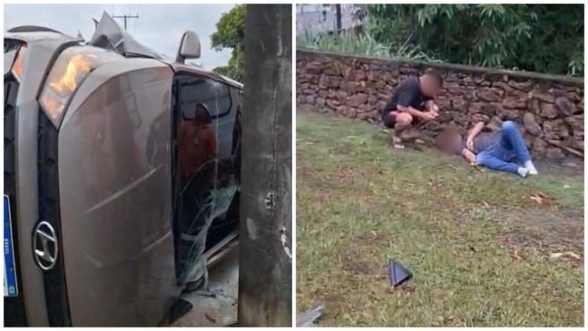 Carro HB capotado e vítima do acidente deitada ao chão (Fotos: Divulgação)