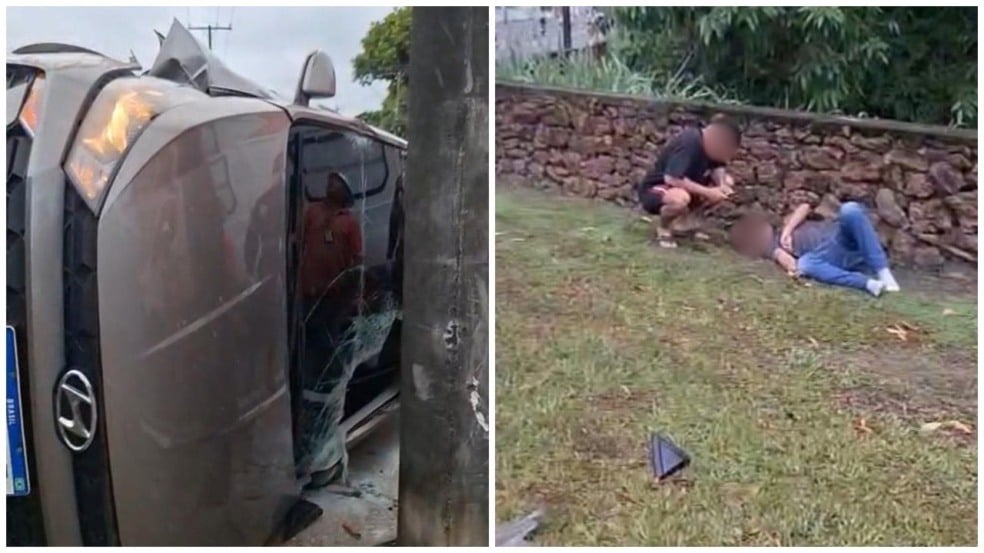 Carro HB capotado e vítima do acidente deitada ao chão (Fotos: Divulgação)