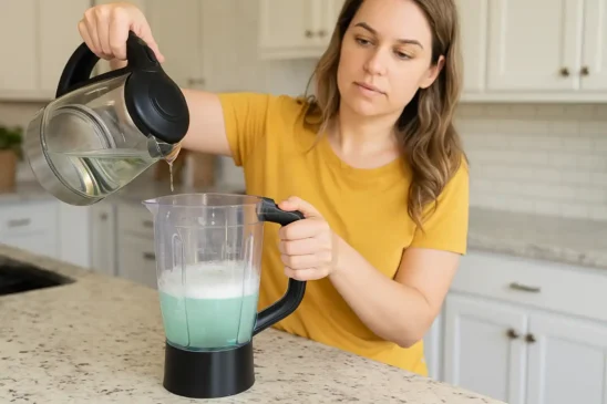 Limpe o fundo do liquidificador com água quente e detergente