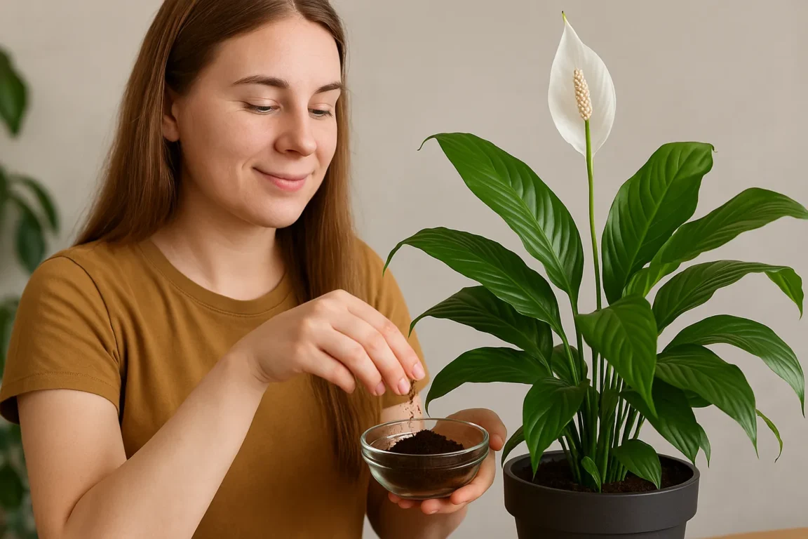 Lírio da paz fertilização com borra de café para manter as folhas verdes e brilhantes Lírio da paz fertilização com borra de café para manter as folhas verdes e brilhantes