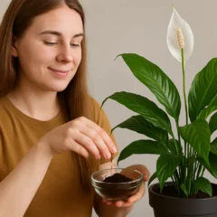 Lírio da paz fertilização com borra de café para manter as folhas verdes e brilhantes