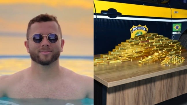 O empresário Bruno Mendes de Jesus e o ouro apreendido com ele, avaliado em mais de R$ 60 milhões