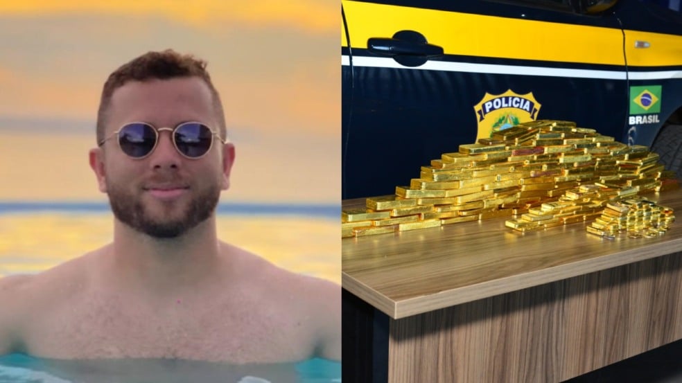 O empresário Bruno Mendes de Jesus e o ouro apreendido com ele, avaliado em mais de R$ 60 milhões