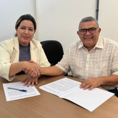 Delegatária interina do 1º Registro De Imóveis De Boa Vista, Mirly Rodrigues Martins, e o presidente do Iteraima, Ionilson Sampaio (Foto: Ascom/Iteraima)