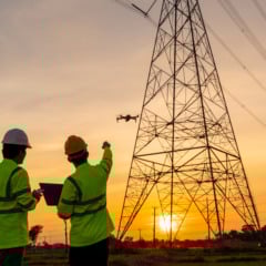 Team work of Engineers location help Technician use drone to flying inspect equipment instead of workers at the high voltage electric transmission tower, electric power station
