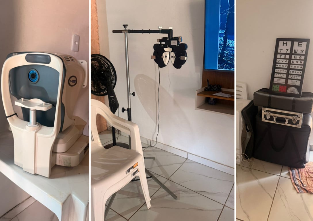 No local, foram encontrados equipamentos oftalmológicos, receitas médicas, anotações de consultas
