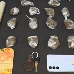 Durante o flagrante, os policiais apreenderam 14 porções de skunk, um celular, R$ 46 em dinheiro e materiais para embalo. Foto: PCRR