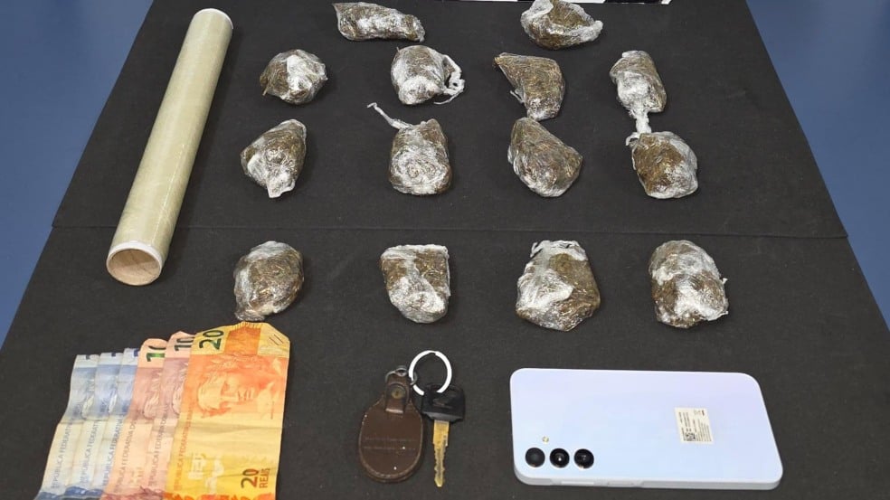 Durante o flagrante, os policiais apreenderam 14 porções de skunk, um celular, R$ 46 em dinheiro e materiais para embalo. Foto: PCRR