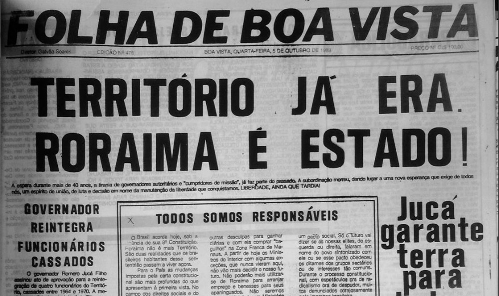 Edição nº 478 da Folha de Boa Vista registrou o momento em que o Território de Roraima passou a integrar a federação como Estado. (Foto: Arquivo/FolhaBV)