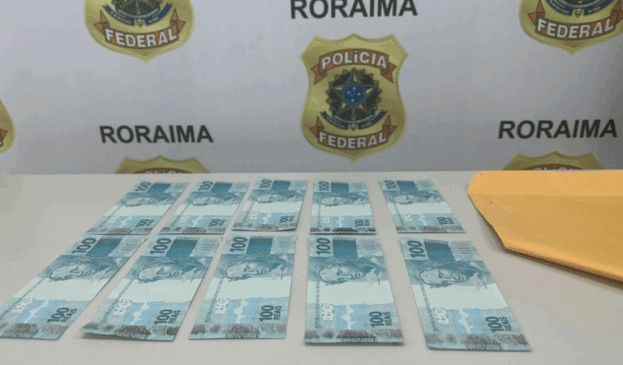 Dentro do envelope, os agentes encontraram 10 cédulas de R$100, totalizando R$1.000 em notas falsificadas. (Foto: Divulgação/PF)