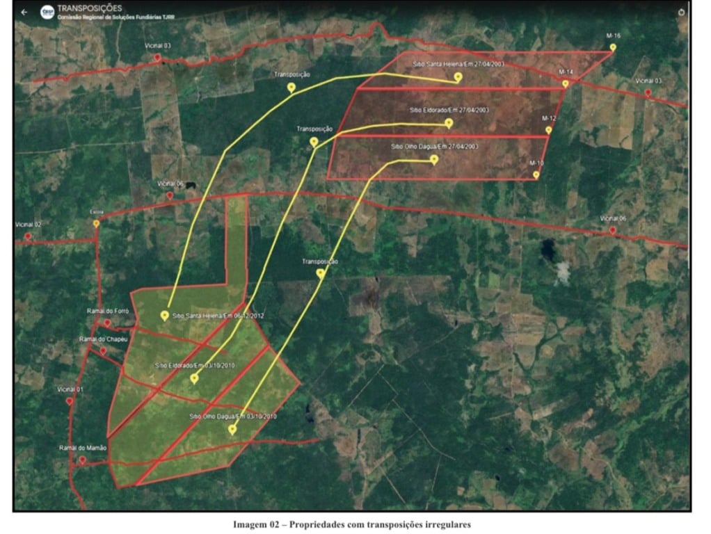 Mapa que mostra propriedades com trasnposições irregulares (Foto: Relatório Comissão Regional de Soluções Fundiárias) Mapa que mostra propriedades com trasnposições irregulares (Foto: Relatório Comissão Regional de Soluções Fundiárias)