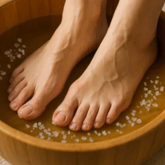 O banho de pés com água morna e sal grosso que ajuda a relaxar e ainda alivia dores musculares