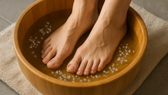 O banho de pés com água morna e sal grosso que ajuda a relaxar e ainda alivia dores musculares