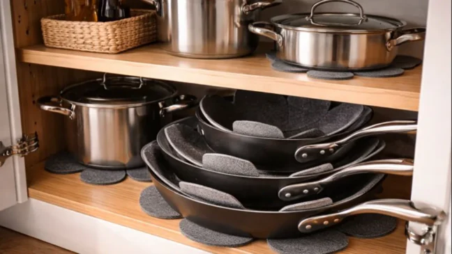 Guardar panelas dessa forma preserva o revestimento e facilita muito a rotina na cozinha