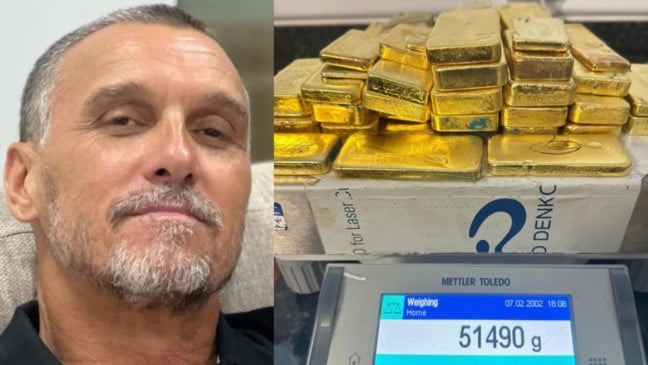 O piloto Armando Palla Júnior e os 51kg de ouro apreendido em seu avião