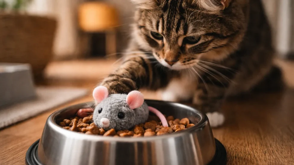 Por que o gato leva brinquedo para o pote de ração e o que isso significa Por que o gato leva brinquedo para o pote de ração e o que isso significa