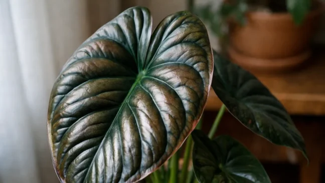 Alocasia cuprea o motivo que faz o brilho metálico da planta desaparecer