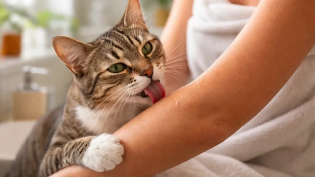 Por que alguns gatos lambem o dono depois do banho